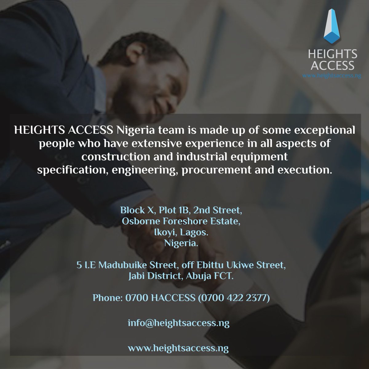 HeightsAccessNG's tweet photo. Heights Access is the market leader in the provision of EQUIPMENT SOLUTIONS for EFFECTIVE CONSTRUCTION &amp; INDUSTRIAL ENGINEERING.
https://t.co/bODwIsS0At | +2349099348990,
+2347004222377.#constructions https://t.co/r9FeGbfwjH