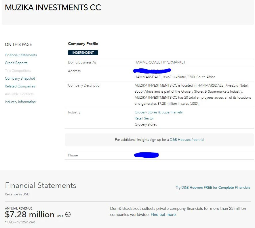 The biggest money spinner for Farook according to DNB is Muzika Investments which was established in 1991 and is one of KZN's largest buyers and sellers of FMCG products to factories and supermarkets. The company has an estimated annual revenue of R111 million according to