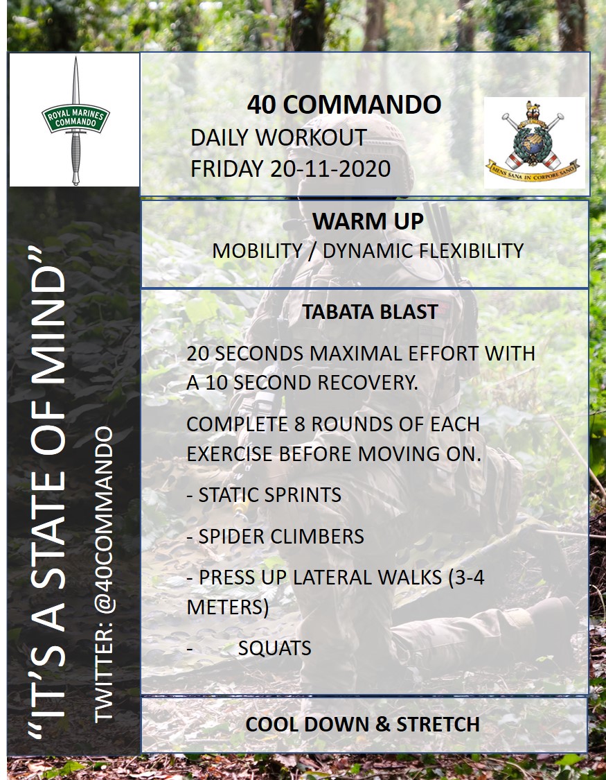 40commando's tweet image. Tabata Blast. What better way to finish the week's #lockdownphys than a quick tabata circuit?

8 Rounds on each exercise conducting 20 Seconds Maximal effort with a 10 Second Recovery. You need to complete 8 Rounds of each exercise before moving on. 

Enjoy!