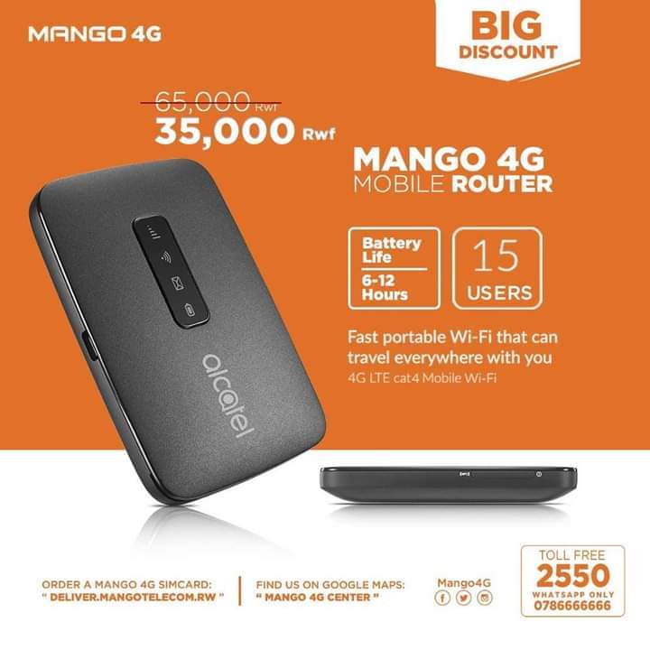 Mango4G's tweet photo. Mango 4G mobile router is affordable and easily portable. Battery : 6-12 hours in use and can connect up to 15 users. Go to any Mango 4G center and get yours. You will also get 5GB free with it at only 35,000 RWF. #Mango4G #Truly4GNetwork #SwitchToMango #MUEP #MUIP https://t.co/ULfXvWQiKK