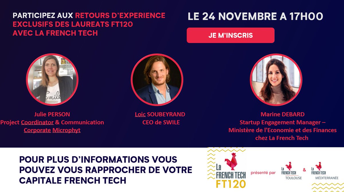 L’APC pour la 2ème promotion du programme French Tech NEXT40/FT120 est ouvert jusqu’au 6 décembre 2020.
Rendez-vous le 24 novembre pour participer au retours d'expérience de nos lauréats FT120 promo 2020 <a href="/Microphyt/">Microphyt</a> et <a href="/swile/">매콤한쇼사장</a>  et en savoir +
>docs.google.com/forms/d/e/1FAI…
