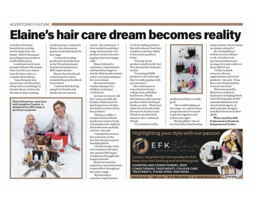 EfkProfessional's tweet photo. A lovely write up in local paper today. #hawickpaper #haircare #kidsshampoo #efkprofessional #volumehair #blueshampoo #blondehair #Christmas2020 #independentshop #branding https://t.co/6ynvrcBAWA