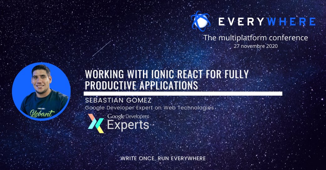 ☁️☁️ Everywhere Event - 27/11 ☁️☁️

🎙️ Working with #Ion react for fully productive applications by <a href="/sebasgojs/">Sebastian Gomez</a> from <a href="/GlobantBr/">Globant Brasil</a> 

REGISTER : bit.ly/38HEM4O

#crossplatform  poke <a href="/GoogleDevExpert/">@GoogleDevExpert</a>