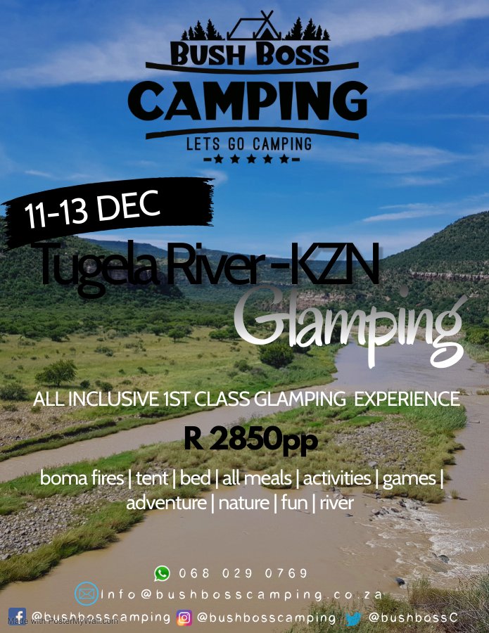 BushbossC's tweet photo. Let us take you to a  secret location for a tranquil glamping experience on the foot of the Tugela river in KZN. Just bring yourself and we take care of the rest.

Date: 11-13 December
Tugela River KZN
R3050 single
R2850 couples
R2650 groups of 4 or more https://t.co/6myRC1TJQB