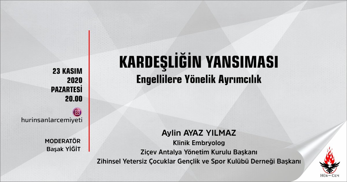 hur_cem's tweet photo. ZİÇEV Antalya Yönetim Kurulu Başkanı ve Zihinsel Yetersiz Çocuklar Gençlik ve Spor Kulübü Derneği Başkanı, Klinik Embryolog Aylin Ayaz Yılmaz ile Engellilere Yönelik Ayrımcılık konulu çevrim içi sohbetimiz 23 Kasım Pazartesi akşamı 20:00'de Instagram hesabımızda olacaktır. https://t.co/1fAlMzYcH4