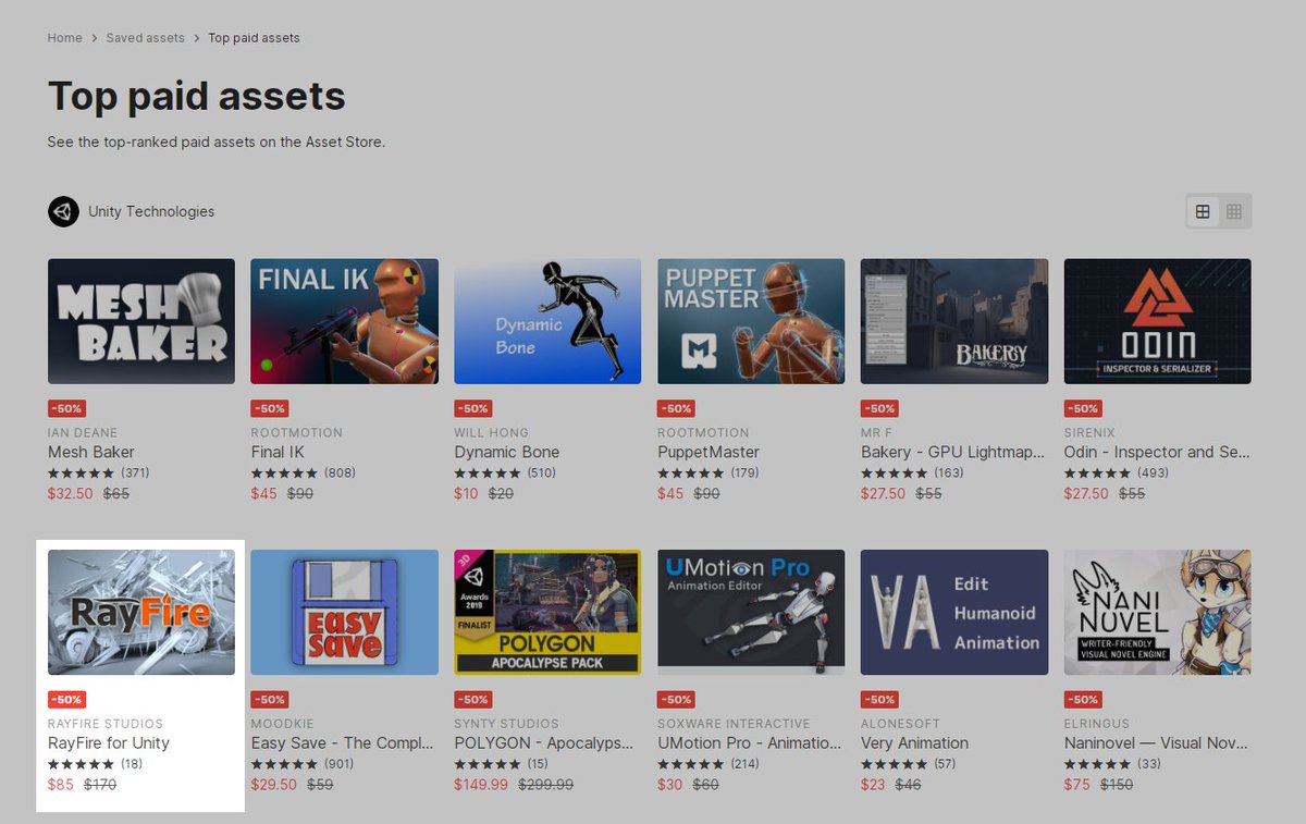 RayFire for Unity is number 7 in Top-ranked paid assets on the Asset Store. Among other 11000 Top-ranked assets.  :) #RayFire #AssetStoreTop