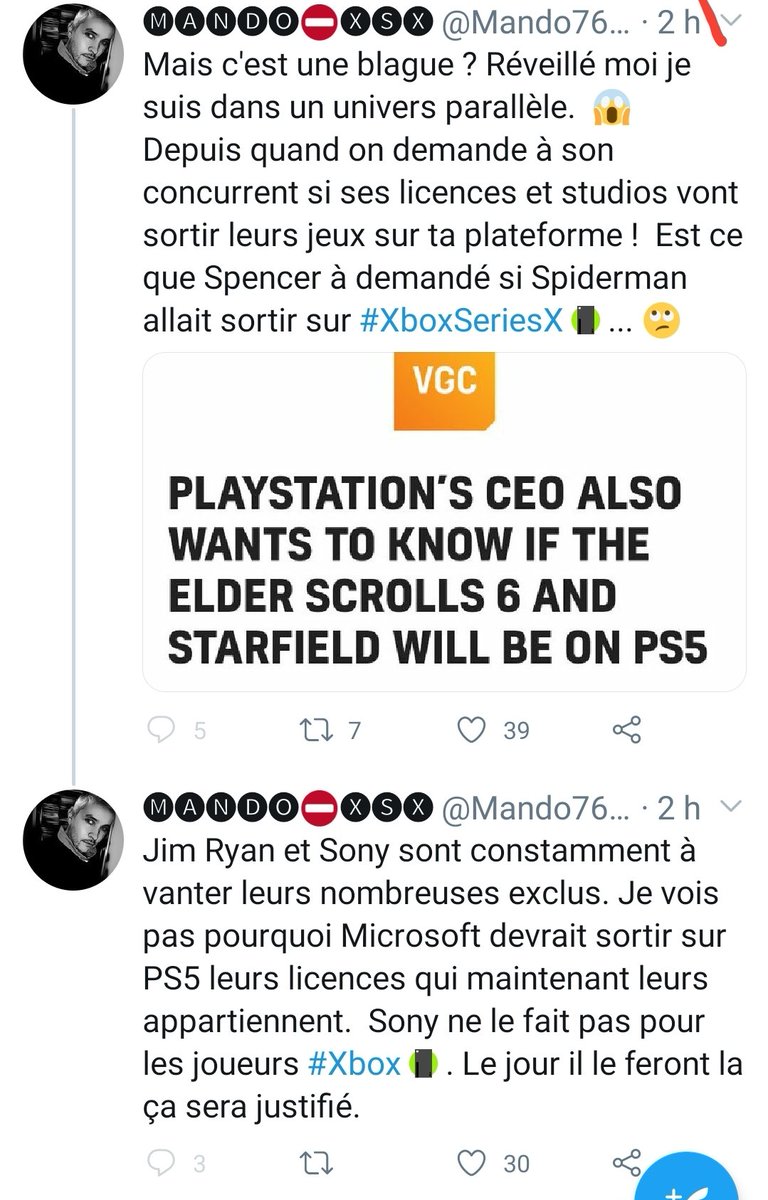 Bon  @Mando7674 il y a 2 options. Soit il va falloir apprendre l'anglais. Soit il va falloir arrêter de mentir. Peut être les 2 même.L'article en question  https://www.videogameschronicle.com/news/playstations-ceo-also-wants-to-know-if-the-elder-scrolls-6-and-starfield-will-be-on-ps5/