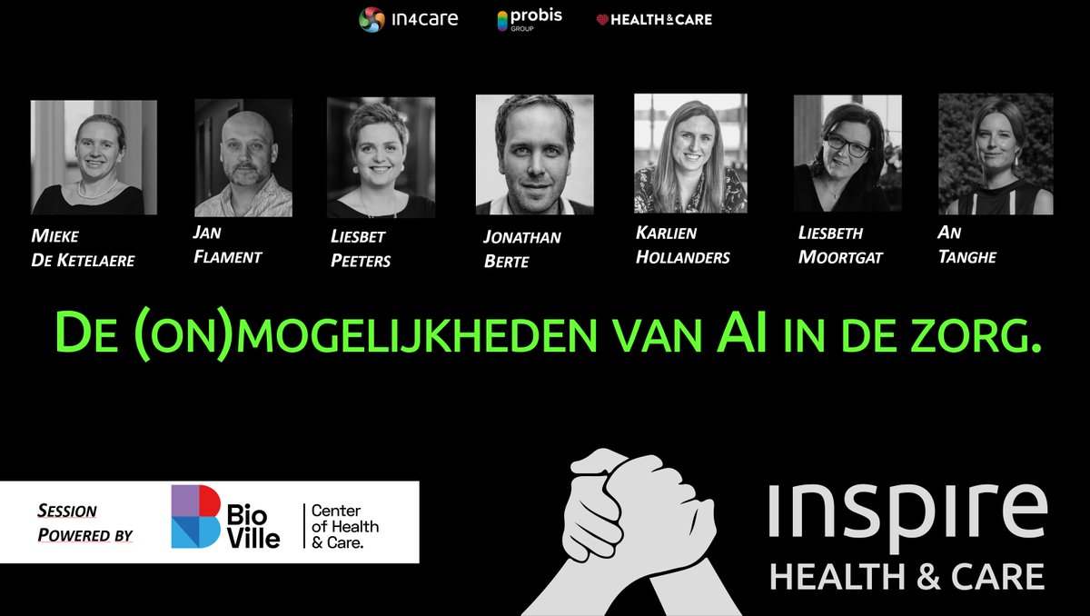 Een #IH2020 sessie waar we op4/12 zeker naar uitkijken! De (on)mogelijkheden van Artificiële Intelligentie in de Zorg Met @miekedk @JanFlament Liesbet Peeters, <a href="/jonathanberte/">Jonathan Berte</a> <a href="/K_Hollanders/">Karlien</a> <a href="/AnTanghe/">An</a> <a href="/MoortgatL/">Moortgat Lionel</a>   Sessie 'powered by' onze partner <a href="/BioVille_/">BioVille</a>  hopin.to/events/inspire…