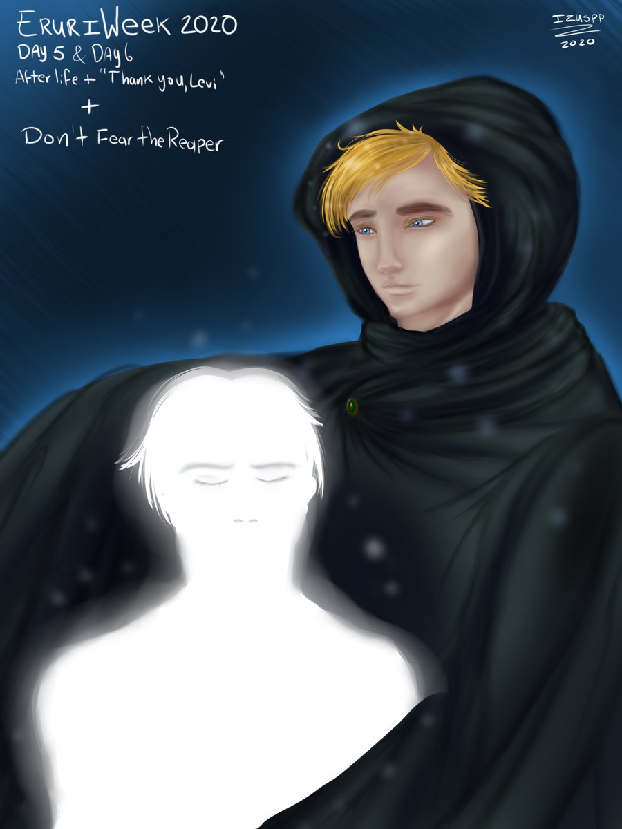 Izuspp's tweet photo. I did something inspired on one of my fics.
Days 5 &amp; 6 are together because in the fic, Erwin as a death spirit, found meaning on his existence thanks to Levi, who is a human. 

PS: the fic is on Spanish if you want to read it, lmk

#eruriweek2020 #eruri #erwinsmith #leviackerman https://t.co/HFGjbgJaTX