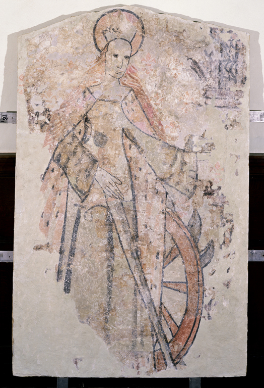 Paintings from at least seven different periods have been identified. The earliest is a depiction of St Catherine, with her distinctive wheel, dating from the early 15th century. 3/5
