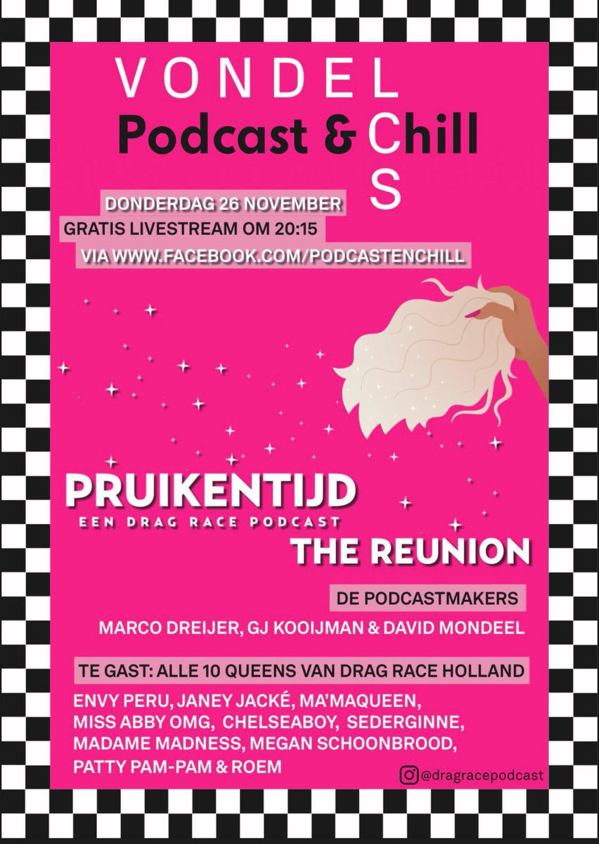 🚨 Podcast &amp; Chill LIVE: <a href="/dragracepodcast/">Pruikentijd - A podcast about Drag Race</a> met alle queens uit Drag Race Holland.  🚨

26 november 20:15 
fb.me/e/1JO8ElD81

<a href="/gjkooijman/">GJ Kooijman</a> <a href="/MarcoDreijer/">Marco Dreijer | De Cultuurvlogger</a> <a href="/DivDavD/">DivDav</a>