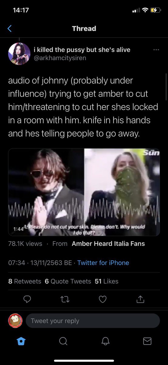 1) He didn't threaten to cut her 2) she asked him to cut her, I bet you to listen to the actual tape where she told him to get it on her, and he said he's not doing that  listen for yourself, don't read the subtitle, it's not accuratethere's more to this