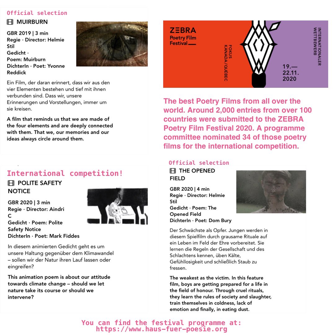 The amazing @ZebraFestival started. So excited that 3 films I worked on are selected and one is in the international competition! There are so many great poetry films to watch! Check it out at haus-fuer-poesie.org
@ZebraFestival <a href="/PoetrySociety/">The Poetry Society</a>  <a href="/Motionpoems/">Motionpoems</a> <a href="/aindrizzle/">aindri</a>