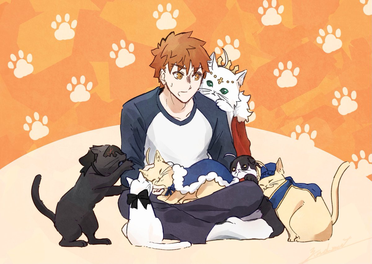 artoria pendragon (fate) ,emiya shirou 1boy cat raglan sleeves sitting orange hair paw print indian style  illustration images