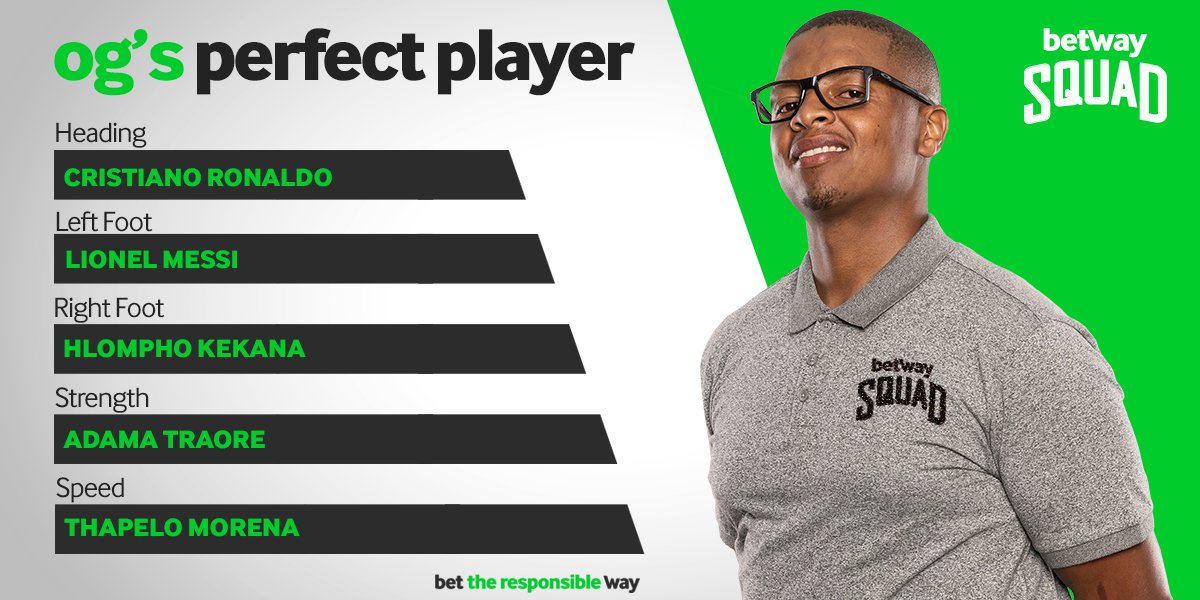 Betway_za's tweet image. We asked our #BetwaySquad captain to build his perfect player!💯 

What are your thoughts on @OG_Molefe perfect player?👇 

Let us know who your perfect player is with the following attributes:
-Heading:
-Left Foot:
-Right Foot:
-Strength:
-Speed:

#perfectplayer