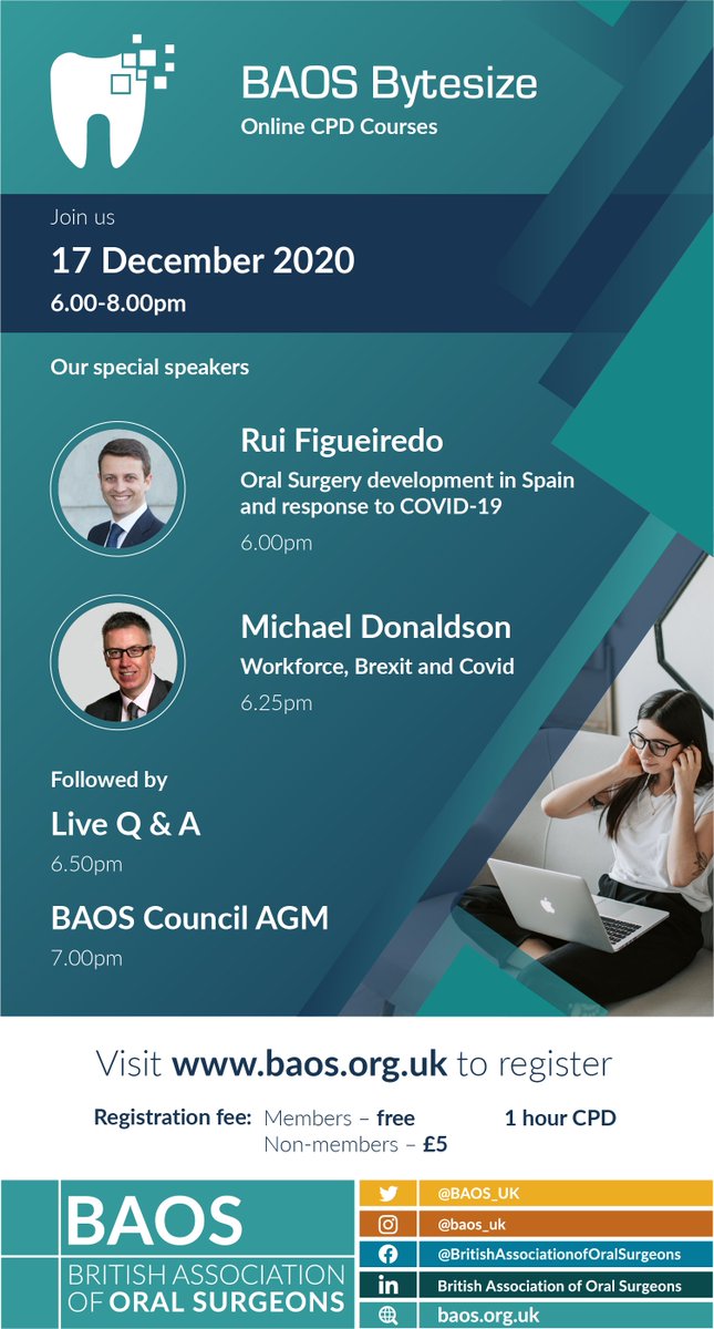 BAOS_UK's tweet photo. Thanks to everyone who attended last night's webinar, sign up now for the next one; Oral Surgery Developments in Spain; Workforce, Brexit and Covid #BAOSbytesize #BAOSdigital
https://t.co/iYDQC7ttAt https://t.co/A0h3EQM1Gc