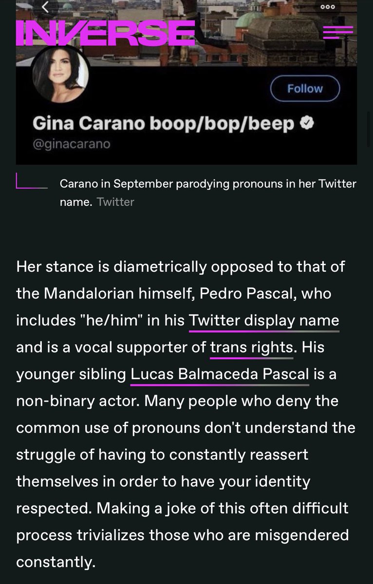 YourHostEdge's tweet photo. Reminder Pedro's younger sibling Lucas is non-binary and Pedro is pro-trans rights and has pronouns in bio

Gina put "boop/bop/beep" in her name like a child and is anti mask. #FireGinaCarano https://t.co/xyZbRijITG