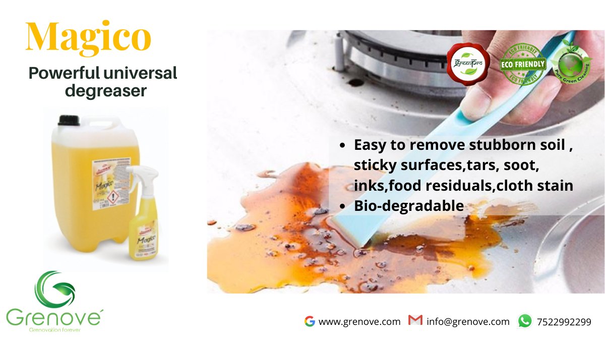 grenoveindia's tweet photo. Degreaser is a very effective professional all-purpose degreaser. It cleans greasy, oily, hard scum surfaces, burned pots/pans,food residuals & many more..
#grenove #magico #degreaser #cleaner #stainremoval #oilremover #biodegradable #ecofriendlyproducts #ecofriendly https://t.co/i8Z9FjENma