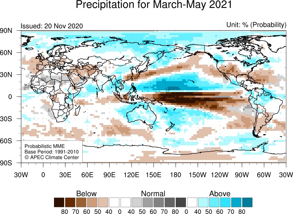 apcc21's tweet photo. Enhanced probability for #belownormal #precipitation is predicted for #southernUSA and a tendency for #belownormal precipitation is expected for #Argentina for December 2020 – May 2021.

#DJF #MAM #DFJMAM #ClimateOutlook #Forecast #APCCForecast #ClimateInformation https://t.co/nJKj5wzOBD