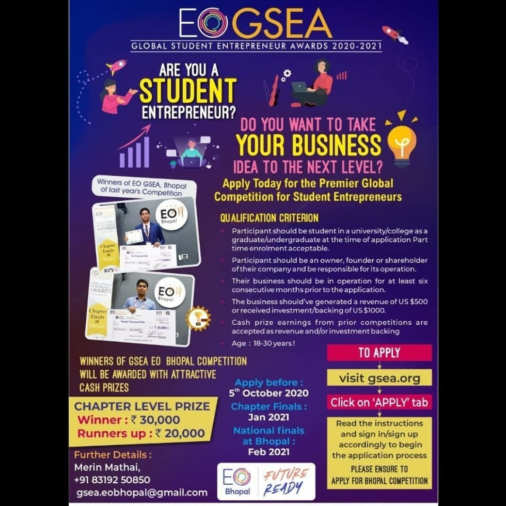 DevelopmentEdc's tweet photo. GSEA edc - sirt GSEA is the global student entrepreneurship award hosted by entrepreneurship's organization. The award recognizes promising student start -ups running successful businesses. 
#sirt #sirts#sirte#sirtsp#sirtp#sage #sageuniversity bhopal and indore. https://t.co/vKYRoFd3B9