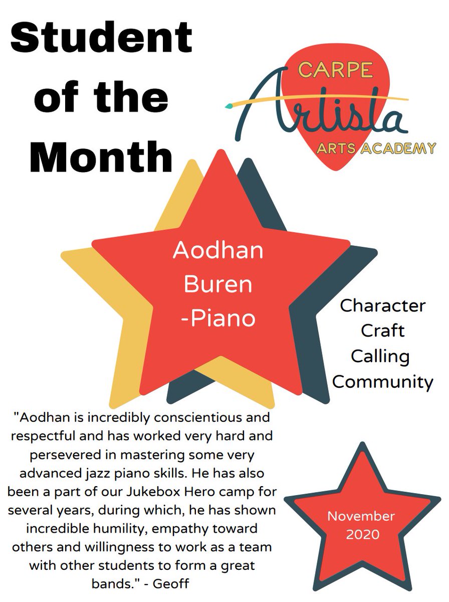 Congratulations to the November 2020 Student of the month, Aodhan Buren!

We've enjoyed seeing you blossom over the years &amp; can't wait to see where your talents &amp; work ethic take you in the future, Aodhan!