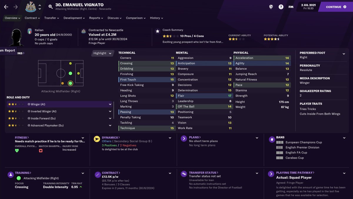 Will post the FA Cup final video in a sec too, but forgot about the one deal I did in the January transfer window which was for Wonderkid, Emanuel Vignato who I secured for just £3.1milly  #NUFC  #Fm21