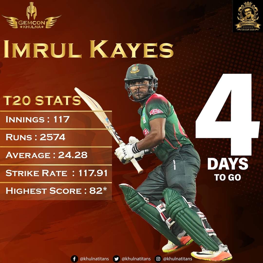 Khulna Titans (@khulnatitans) on Twitter photo 4️⃣ days to go! 🏏
#Bangabandhu T20 Cup 🏆
#gemconkhulna <a href="/ImrulKayes45/">Imrul Kayes</a> <a href="/Mahmudullah30/">Mahmudullah Riyad</a> <a href="/AnamulOfficial/">Anamul Haque Bijoy</a> 4️⃣ days to go! 🏏
#Bangabandhu T20 Cup 🏆
#gemconkhulna <a href="/ImrulKayes45/">Imrul Kayes</a> <a href="/Mahmudullah30/">Mahmudullah Riyad</a> <a href="/AnamulOfficial/">Anamul Haque Bijoy</a>