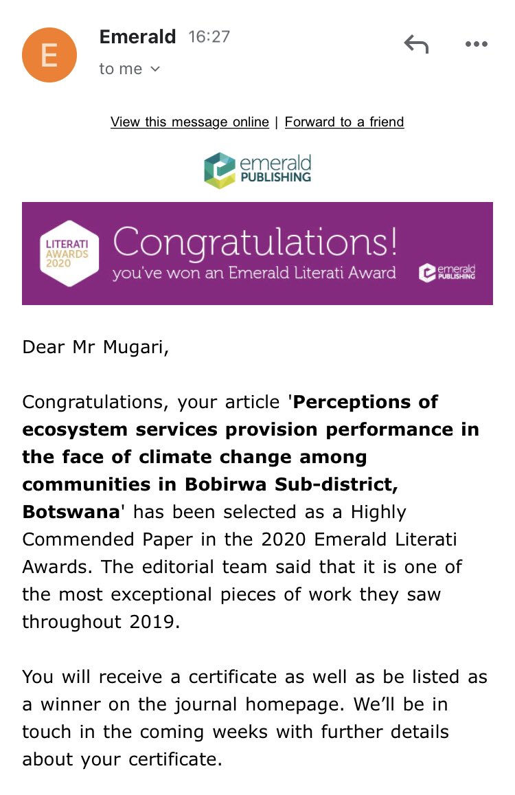 Ephias Mugari (@ephiasmugari) on Twitter photo Some bit of recognition by <a href="/EmeraldGlobal/">Emerald Publishing</a> for one of our papers funded by <a href="/ASSARadapt/">ASSAR</a> & <a href="/CollabAdapt/">CARIAA - IRCAAA</a> Some bit of recognition by <a href="/EmeraldGlobal/">Emerald Publishing</a> for one of our papers funded by <a href="/ASSARadapt/">ASSAR</a> & <a href="/CollabAdapt/">CARIAA - IRCAAA</a>