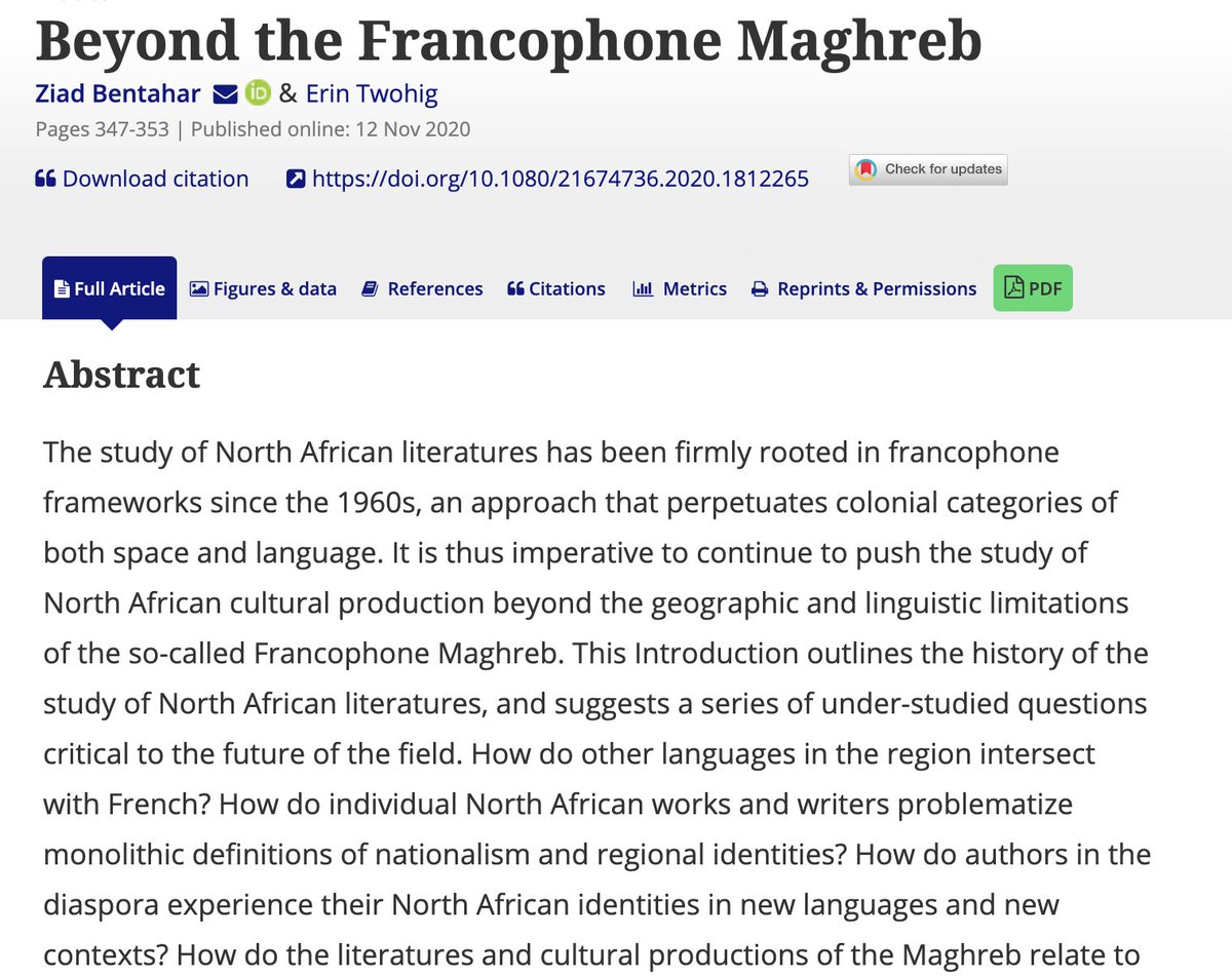 Special Issue Alert. Edited by Erin Twohig ( @ErinKTwohig) & Ziad Bentahar ( @ProfElsewhere), it raises new questions for the study of North African literatures. The articles exemplify a new approach to studying the Maghreb beyond Francophone paradigms. https://www.tandfonline.com/toc/rala20/current