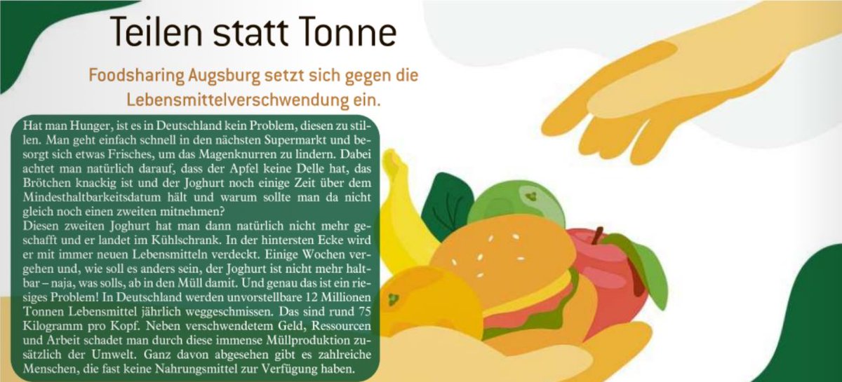 Foodsharing_Aux's tweet photo. Weil Lebensmittel einfach viel zu schade zum Wegwerfen sind!

#foodsharing #augsburg heute in der Verlagsbeilage der @AZ_Augsburg.

https://t.co/gA6V6Cjud1

#teilenstatttonne #nachhaltigdenken https://t.co/vIo6rtujA2