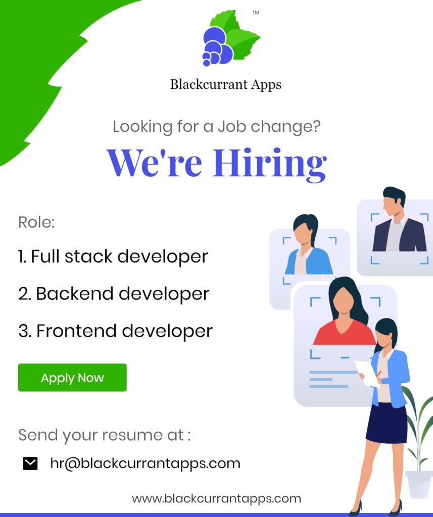 BlackcurrantLab's tweet photo. Hello, we are currently hiring 
-Backend Developers 
-Frontend Developers 
-Full Stack Developers 
Please check the link in our bio for complete description. 
⭐️Job Location: Borivali West, Mumbai. 
⭐️5 working days. 
⭐️Please send your updated resume at - hr@blackcurrantappa.com https://t.co/0LJojjPvMd