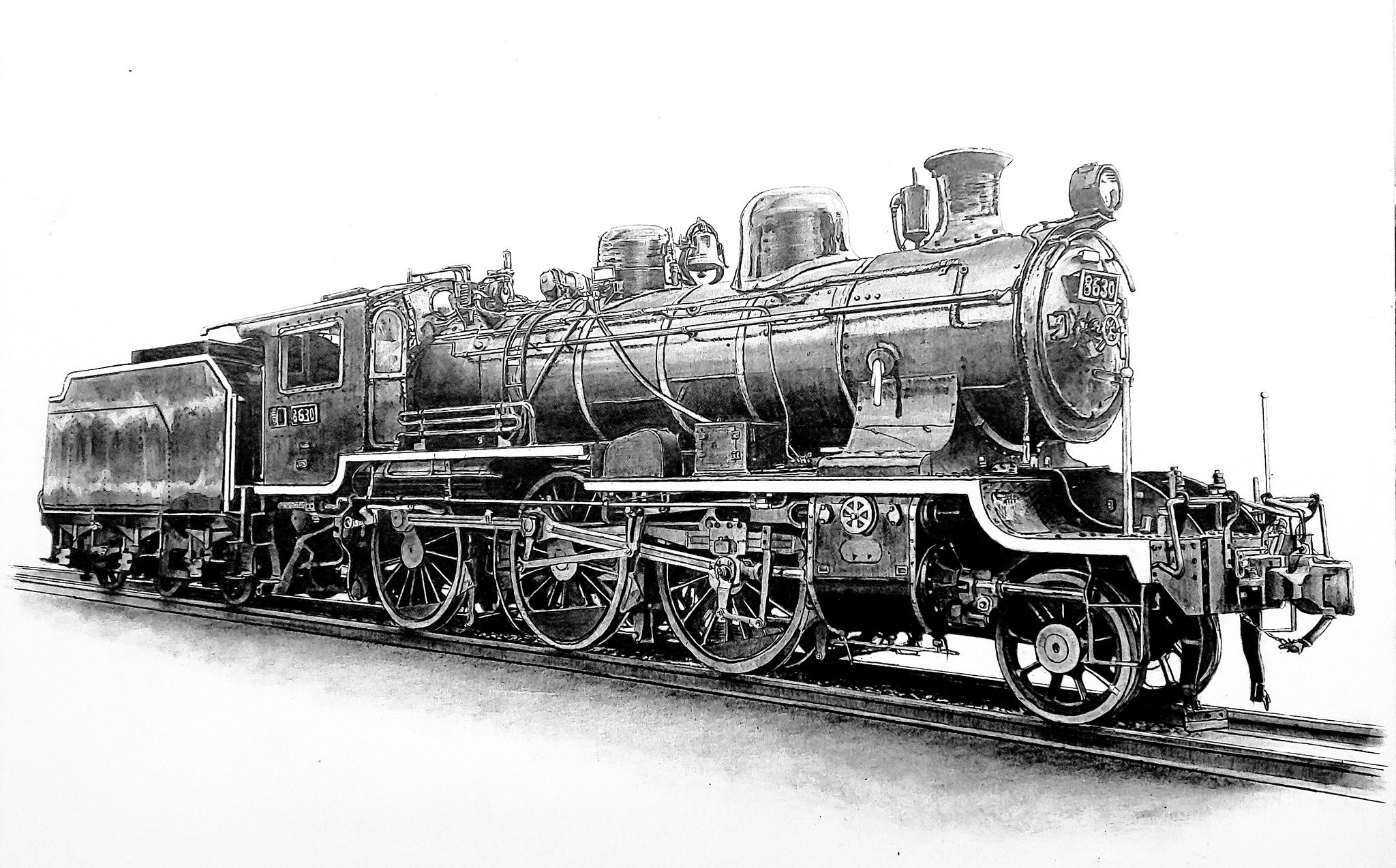鉄道写真 蒸気機関車 モノクロ SL画家 石川 佳宗 7/3～『鉄道のある風景画展2』 على X: 