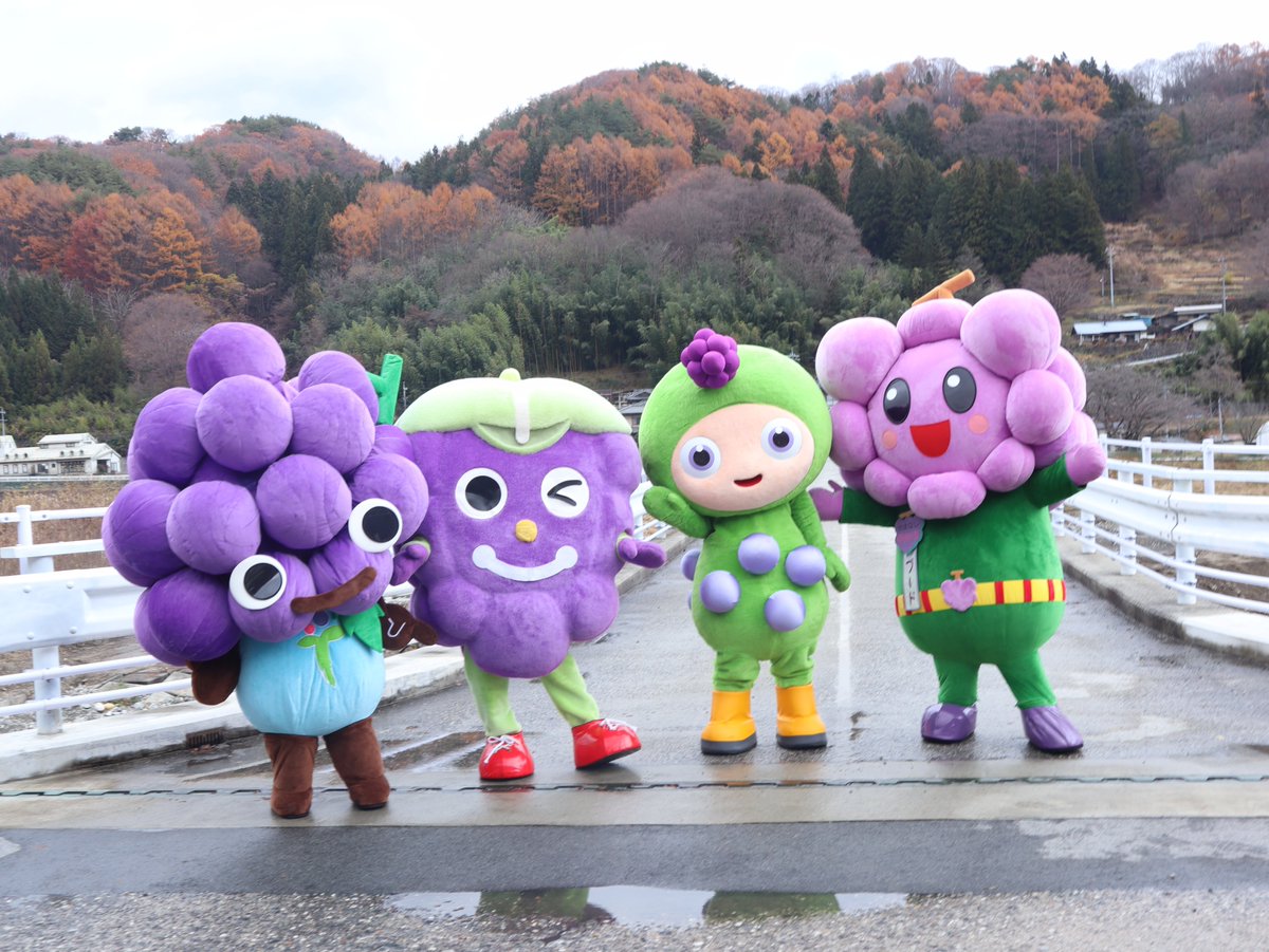 山梨県 甲州市観光協会 ぶどうのおともだち大集合 甲州市 のマスコットキャラクター ブードくん がどれだかわかるかな なぜ集まったのかは 後日お伝えします ゆるキャラ 巨峰のキョッシー カラットリン ぶどう丸 山梨