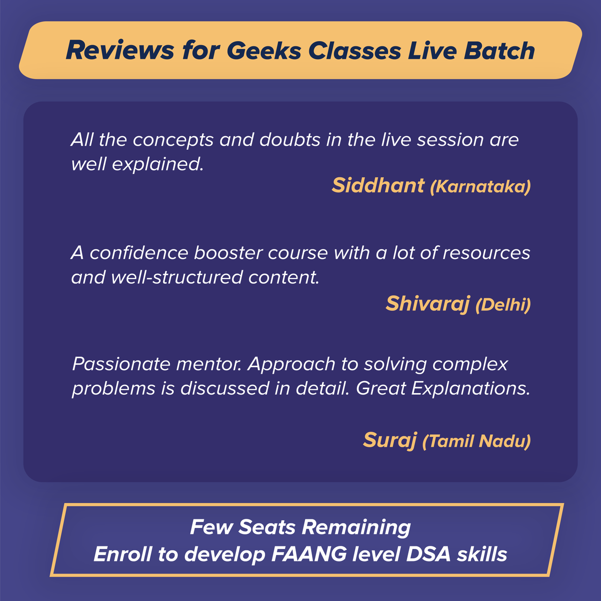 geeksforgeeks's tweet image. Here's what our Students had to say about our #GeeksClasses!

Last few days left to enroll before the next #Live batch commences!

Register Now-&amp;gt;practice.geeksforgeeks.org/courses/geeks-…

#learntocode #DSA #LearnProgramming #InterviewTips #onlinelearning