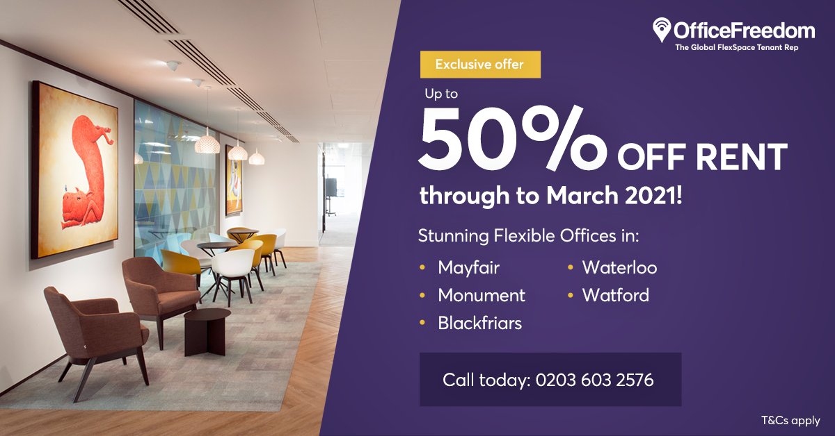Get up to 50% off rent through until March 2021 on stunning fully serviced flexible offices in Mayfair, The City, Waterloo and Watford. Ts &amp; Cs apply. Please call today for latest prices and availability on 0203 603 2576 officefreedom.com/company/contac…

#flexibleworkspace #flexibleoffice