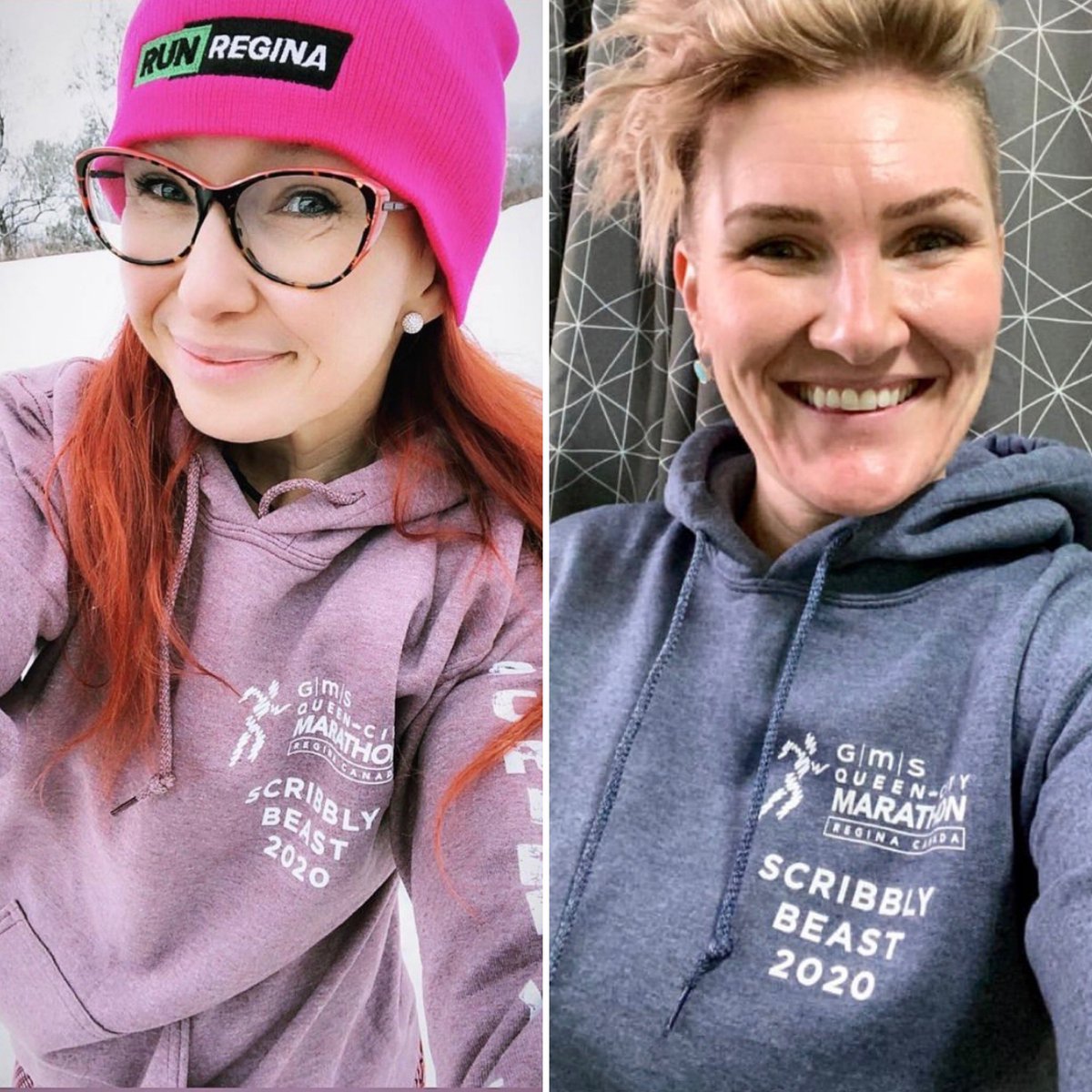 RunQCM's tweet photo. A couple of our #QCM2020 participants are looking sharp in their #ScribblyBeast bunnyhugs, which they received for completing 5 (yes, 5!) virtual @RunRegina events during this year’s @GMSlivingwell @RunQCM! Plus check out the cute @RunRegina toque. 👍 https://t.co/7TVZlMSuvo
