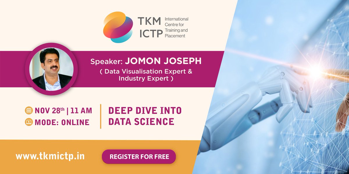 tkmictp's tweet photo. Free Webinar!
"Deep Dive Into Data Science"
 
Join Our Live Webinar session with our Experts to learn the essential techniques and latest technologies of Data Science

Register Now!
https://t.co/d8cjmLPEST

#webinar #datascience #invitation https://t.co/DBwmrU926l