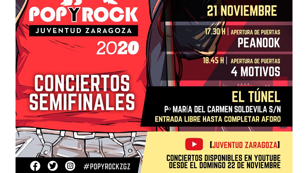 zgzjoven's tweet photo. PopyRock 2020 -  Segundo concierto de semifinales.

Mario Funes - 16:20H
Los Pasocebra - 17:40H
Komando Mandarina - 19:00H

📅Sábado, 14NOV.
📌El Túnel de Oliver

#popyrockzgz 
#popyrock2020 
#juventudzgz 
#culturajovenzgz https://t.co/a6XYqz7Ib4