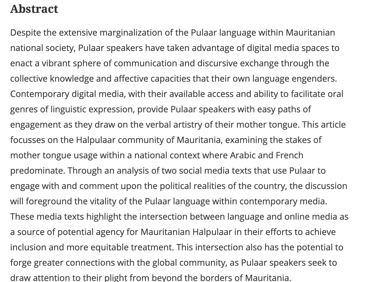 ...and mobilize engagement inside and outside of Mauritania, drawing on shared cultural knowledge as a source of strength and motivation in social and political struggles"  https://www.tandfonline.com/doi/full/10.1080/21674736.2020.1812206