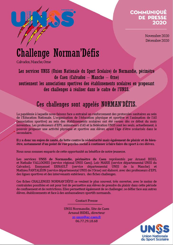 [Communiqué de presse]
Les services <a href="/unss/">UNSS_National</a> de <a href="/ac_normandie/">Académie de Normandie</a> <a href="/RegionNormandie/">Région Normandie</a> lancent les #NormanDefis pour permettre aux jeunes de faire du sport, de se défier et de se challenger à distance !
Maintenir de l'activité physique sportive en période de confinement est très important !