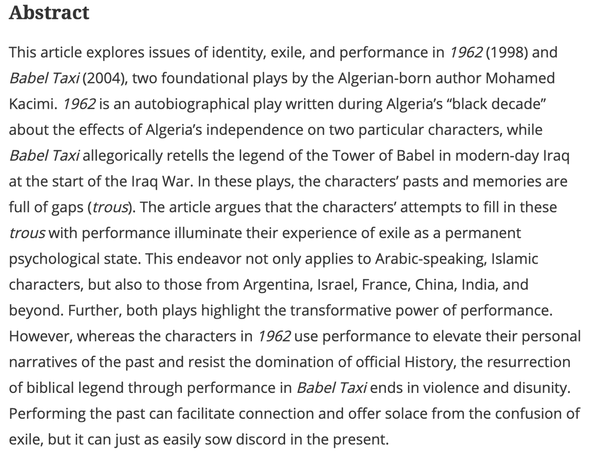 Meere & Tulchin’s article centers on two plays by Algerian-born playwright Mohamed Kacimi ( @Mohamed73177851) which portray exile as a permanent psychological state and feature characters coping with alienation through performance  @tdhavignon
