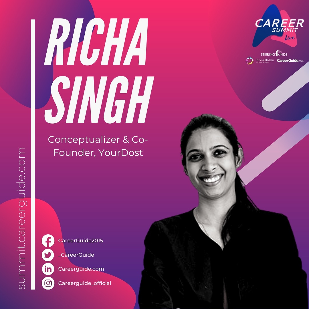 _CareerGuide's tweet photo. We are glad to have Richa Singh, Co-founder of YourDOST as a speaker in #careersummit2020.
Catch her live from 27 to 29 Nov 2020.
Get your free tickets now at https://t.co/zHu2qVPaTJ
#careers #careerguide #careersummit #live #YourDOST https://t.co/kQMtMNgMKk