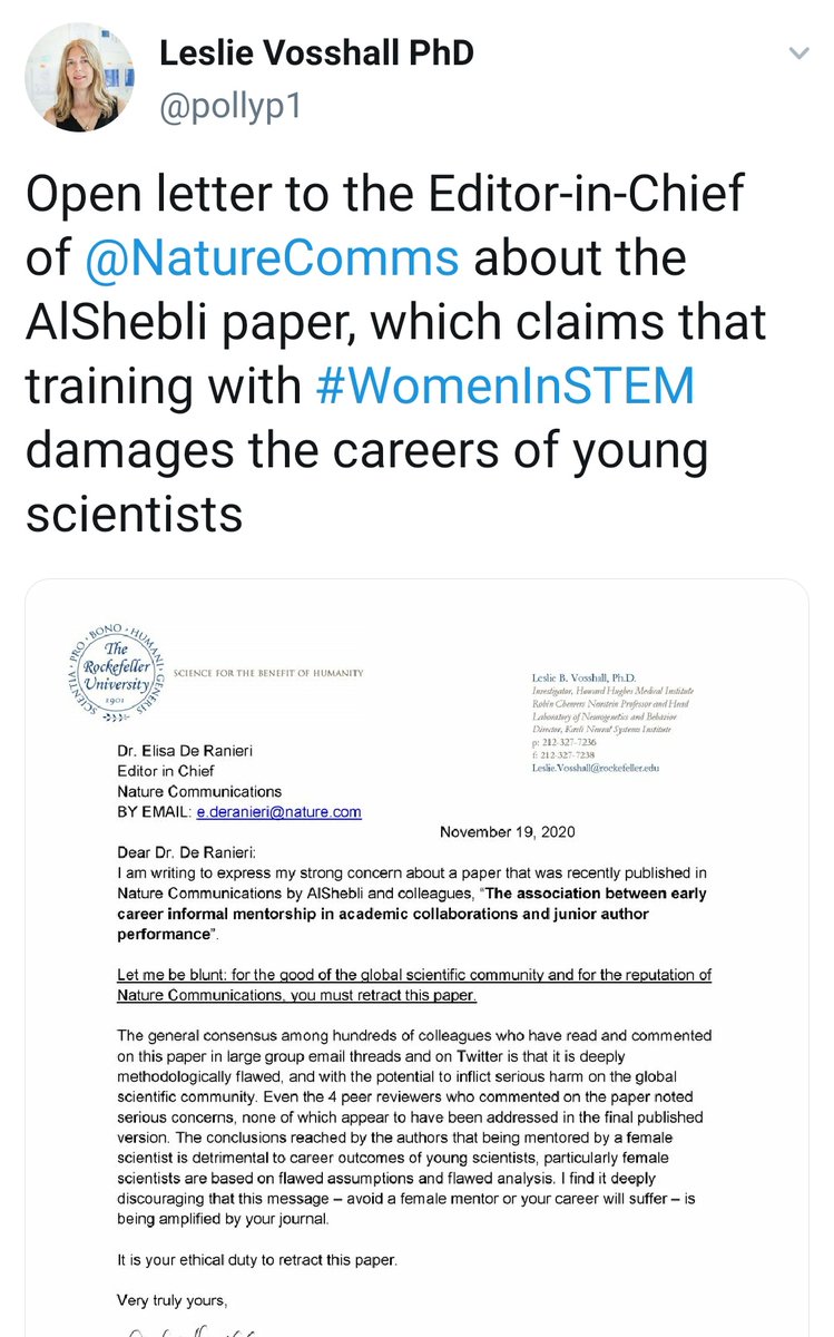 9/There's more examples.Here, Leslie Vosshall ( @pollyp1) tries to get a paper retracted on the basis of, and I'm not joking, tweets and comments made in emails. She does this even though (I can't believe I have to say this) TWITTER IS NOT THE SAME AS ACADEMIC PEER REVIEW.