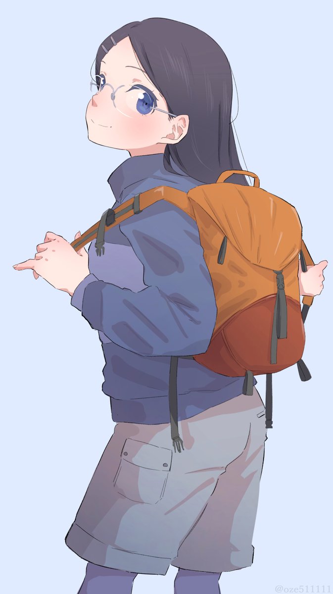 1girl solo backpack bag glasses blue eyes long hair  illustration images