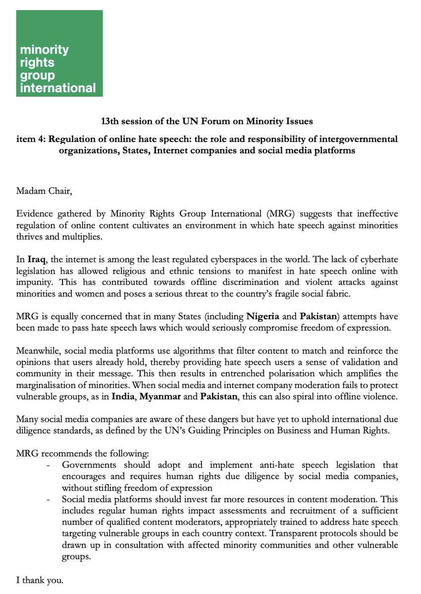 MinorityRights's tweet image. MRG on regulating #HateSpeech: lack of legislation in #Iraq, laws violating #FreeSpeech in #Nigeria and #Pakistan and failure of moderation in #India and #Myanmar leave #minorities vulnerable to hate speech and violence #MinorityForum 

Full statement: