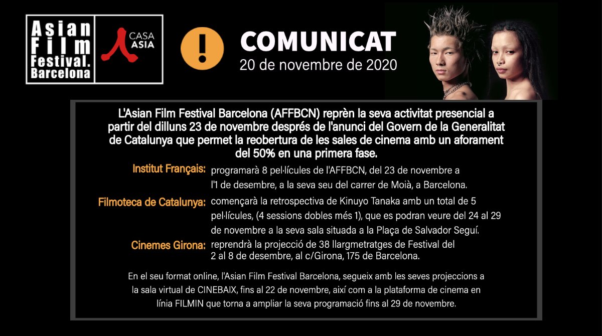 Casa Asia (@casaasia) on Twitter photo 🔥 ¡El Asian Film Festival Barcelona #AFFBCN vuelve a las salas a partir del lunes 23 de noviembre! 🔥
📍 El mejor cine asiático te espera en <a href="/Cinemes_Girona/">Cinemes Girona BCN</a>, <a href="/filmotecacat/">Filmoteca Catalunya</a> e <a href="/IF_Barcelona/">Institut français de Barcelona</a>.
📺 ¡Además sigue disfrutándolo online en <a href="/Filmin/">Filmin</a> y <a href="/CineBaix/">CineBaix</a>!
casaasia.es/actualidad/el-… 🔥 ¡El Asian Film Festival Barcelona #AFFBCN vuelve a las salas a partir del lunes 23 de noviembre! 🔥
📍 El mejor cine asiático te espera en <a href="/Cinemes_Girona/">Cinemes Girona BCN</a>, <a href="/filmotecacat/">Filmoteca Catalunya</a> e <a href="/IF_Barcelona/">Institut français de Barcelona</a>.
📺 ¡Además sigue disfrutándolo online en <a href="/Filmin/">Filmin</a> y <a href="/CineBaix/">CineBaix</a>!
casaasia.es/actualidad/el-…