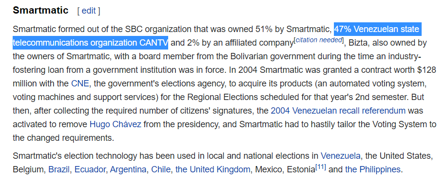 On Antonio Mugica's wikipage we see that Smartmatic was formed out of SBC Organization (51%), Venezuelan >>State<< Telecommunications Organization CANTV (47%) and Bizta (2%), owned by the owners of Smartmatic. https://en.wikipedia.org/wiki/Antonio_Mugica