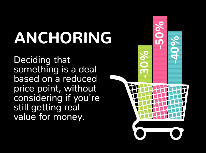 1. Anchoring. Deciding that something is a deal based on a reduced price point, without considering if you're still getting real value for money.