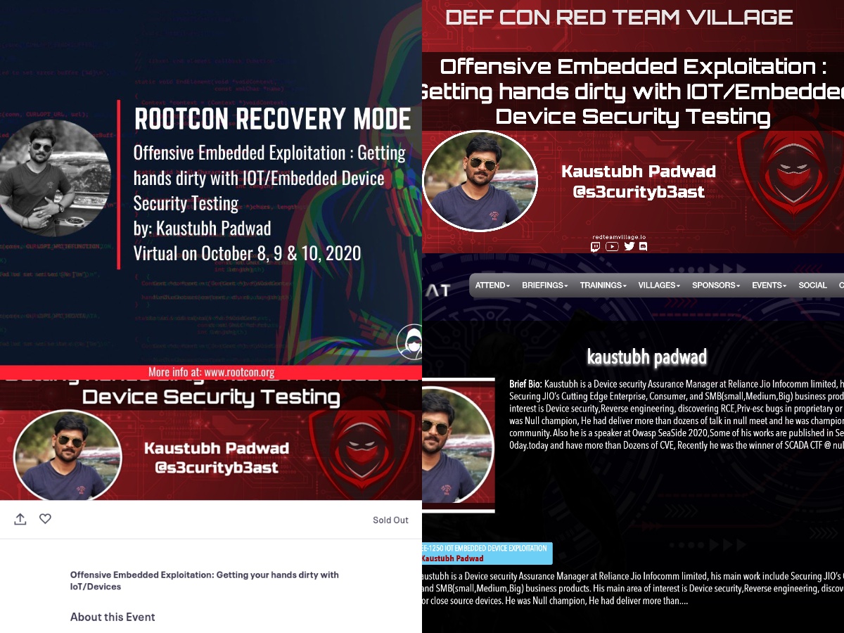 s3curityb3ast's tweet photo. All my #offensiveembeddedexploitation in one picture. :)  #informationsecurity #IoT #Security #embedded 

1. @Owaspseasides 
2. @RedTeamVillage_ 
3 @defcon 
4.  @HITBSecConf 
5. @BsidesBos 
6. @_c0c0n_ 
7. @Grayhat_Con 
8. @rootconph https://t.co/wqWBYOL23X