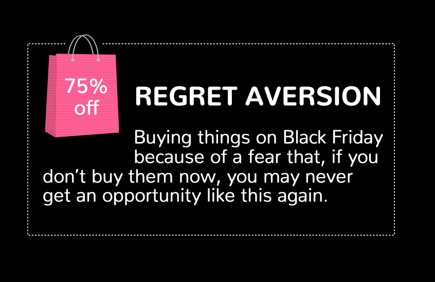 2. Regret aversion. Buying things on Black Friday because of a fear that, if you don’t buy them now, you may never get an opportunity like this again.